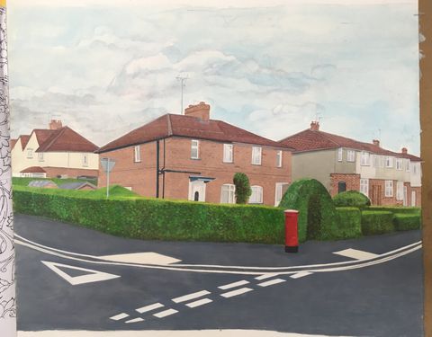 Watercolour. A red brick duplex sitting on the corner of a street is lined with a neatly trimmed hedge row. More duplexes or rowhouses extend off to each side.