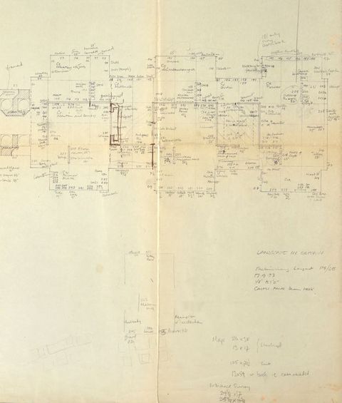 Drawing. A hand-drawn floor plan is revised in a few areas and heavily annotated throughout. 